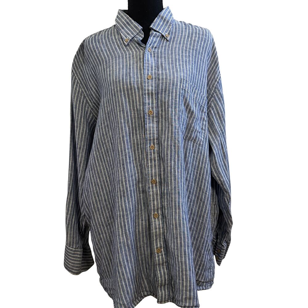 Linen Blue Stripe Button Down Shirt Coastal Beach Oversized XL